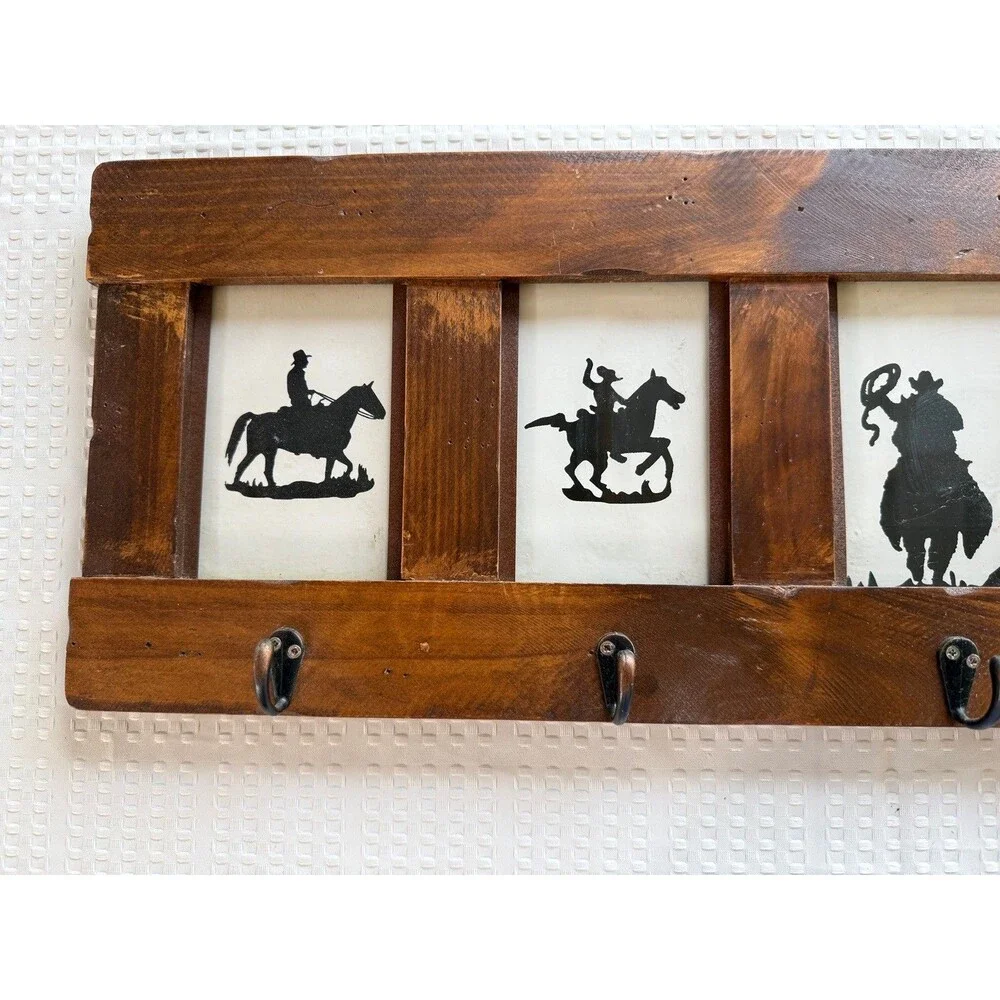 Rustic Cowboy Horseback Riding Wood Wall Hook Rack 4-Hook